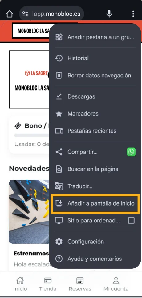 The Monobloc La Sagrera app open in the browser, with the three-dot menu and the “Add to home screen” option.